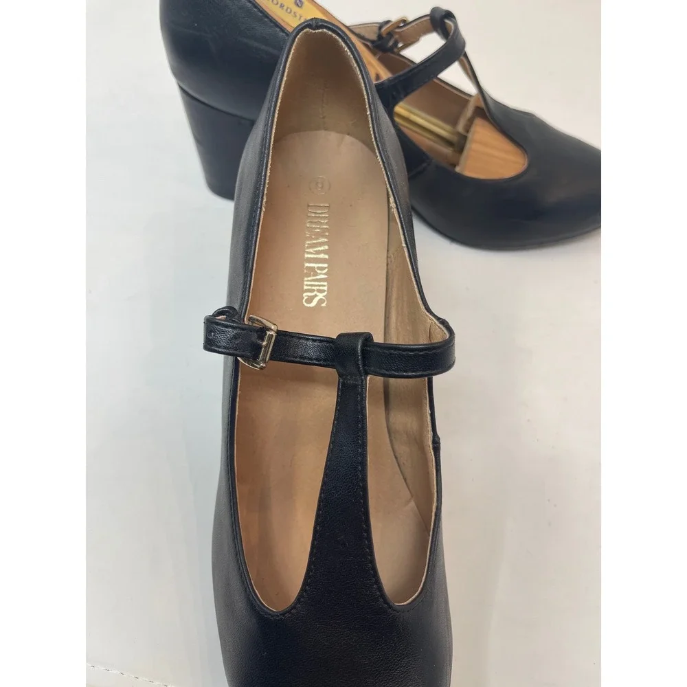 Dream Pairs T-Strap Pumps Womens 9 Black Good Block Heel Round‎ Toe DPU211